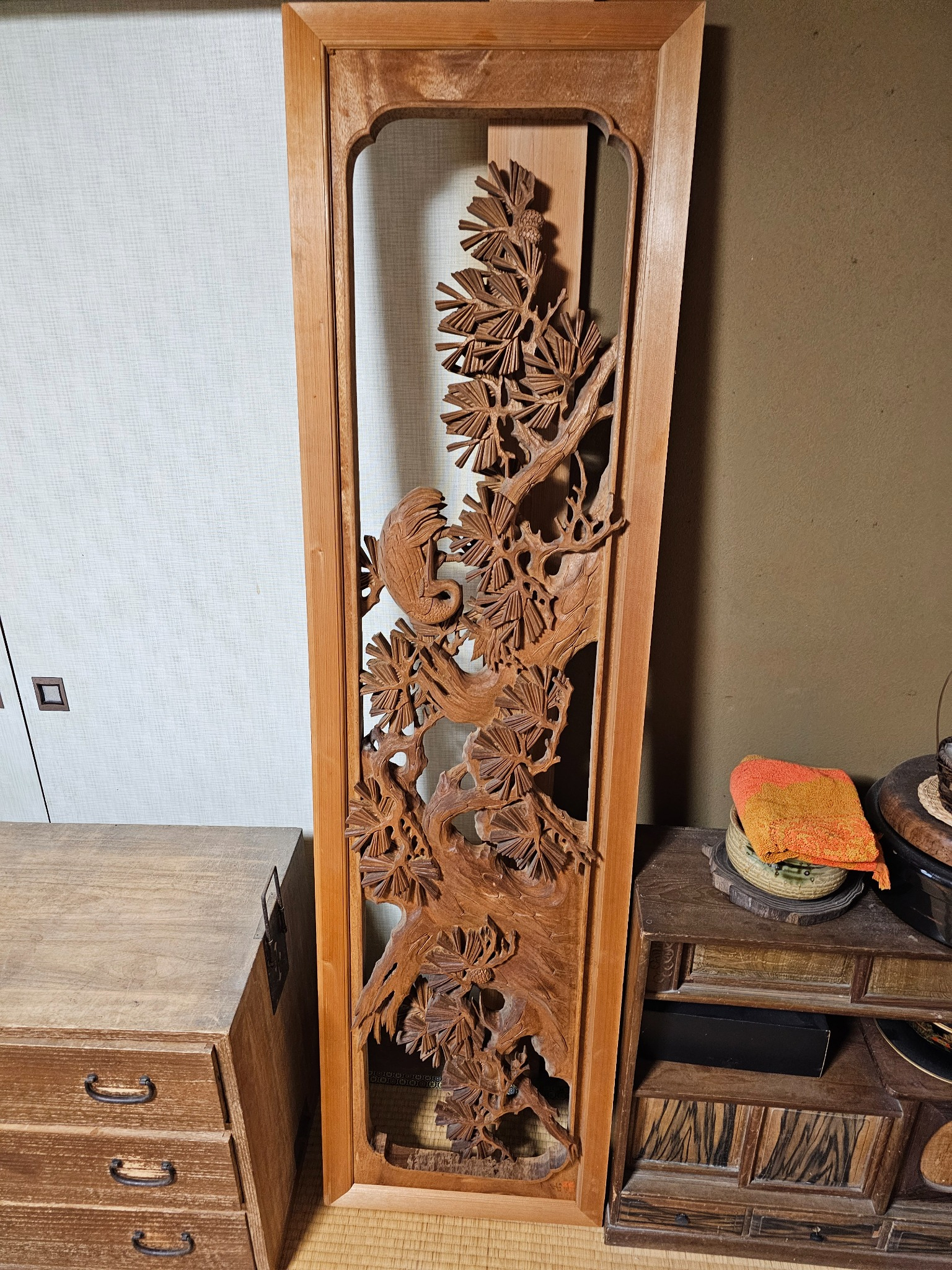 Ranma pine carving panel front A.