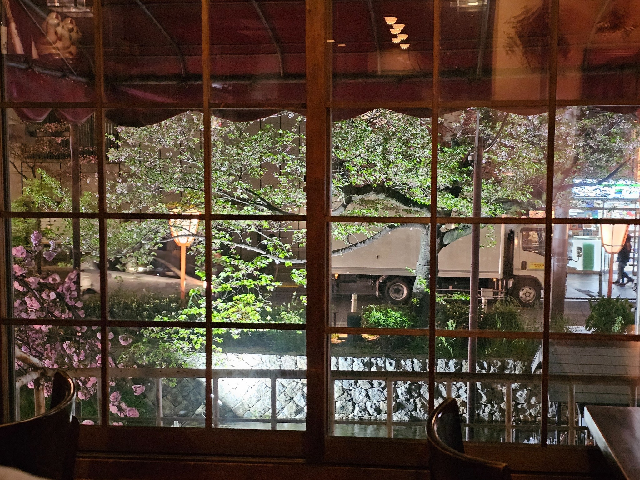 River view window at Bar Mitchell in Kyoto.