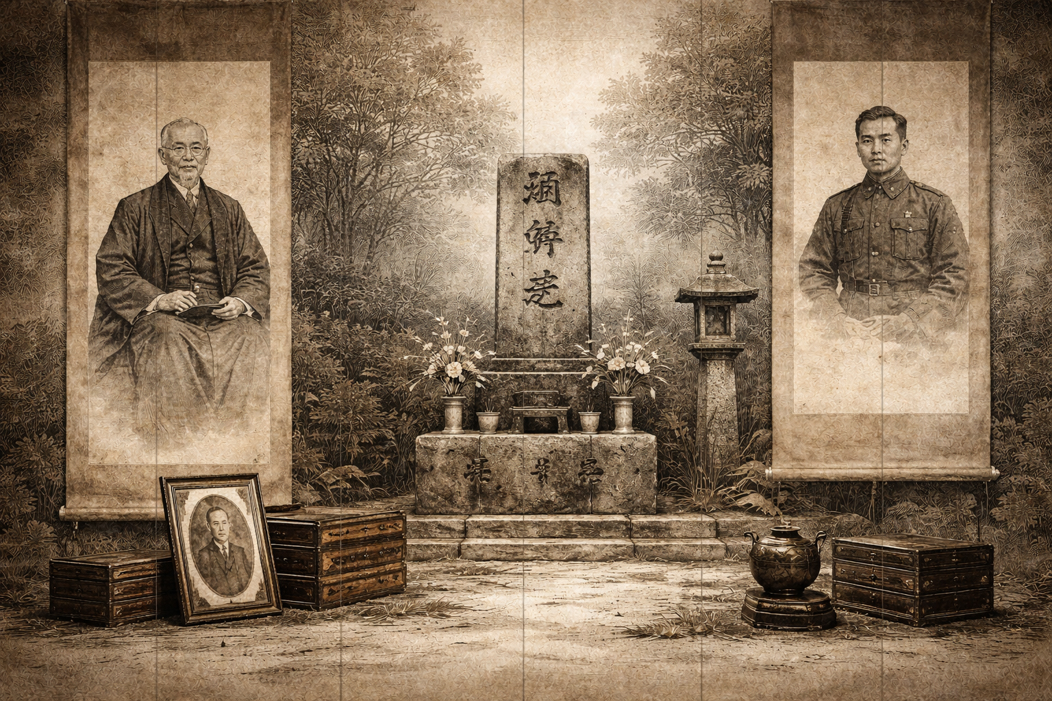 AI family shrine with scrolls six-panel screen.