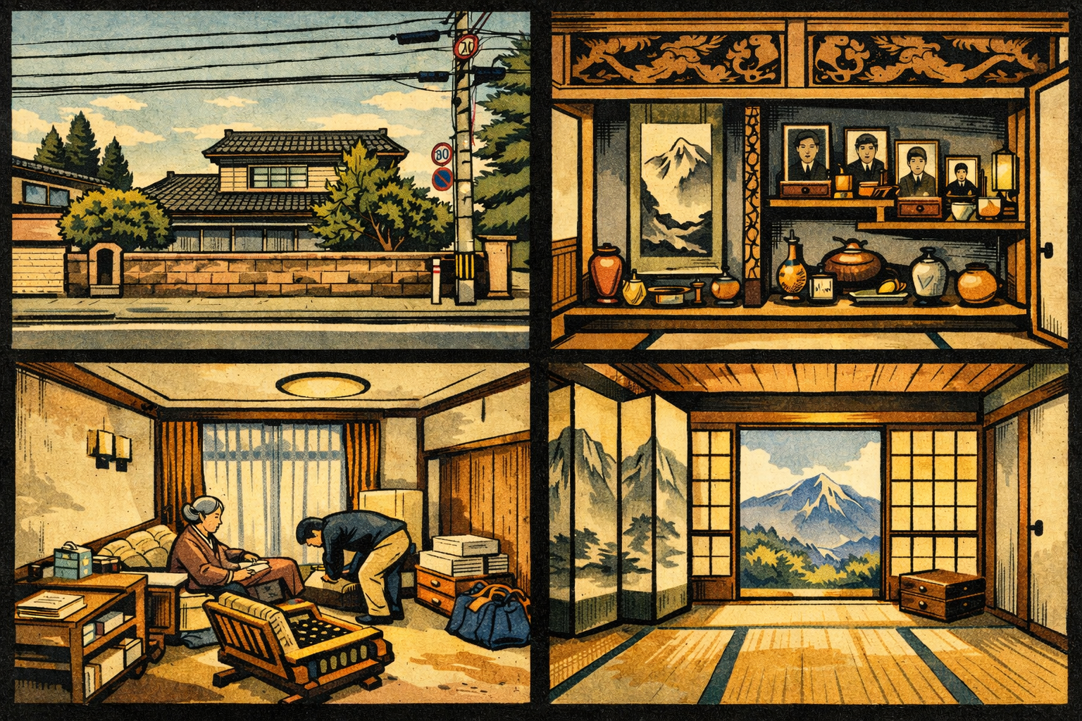 Woodblock print AI imagination of the Hanasaki home.