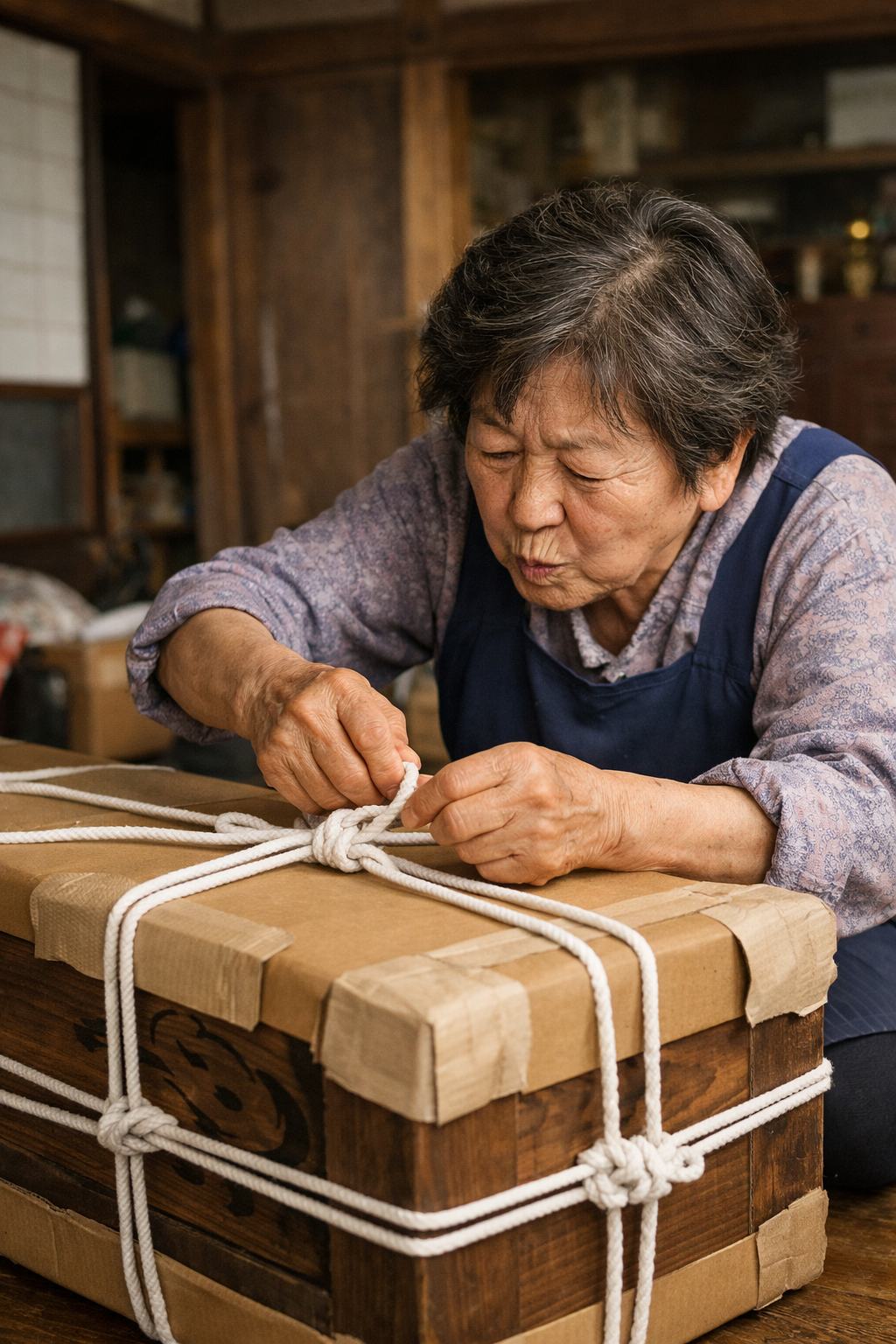 AI generated image of mother tying a package.