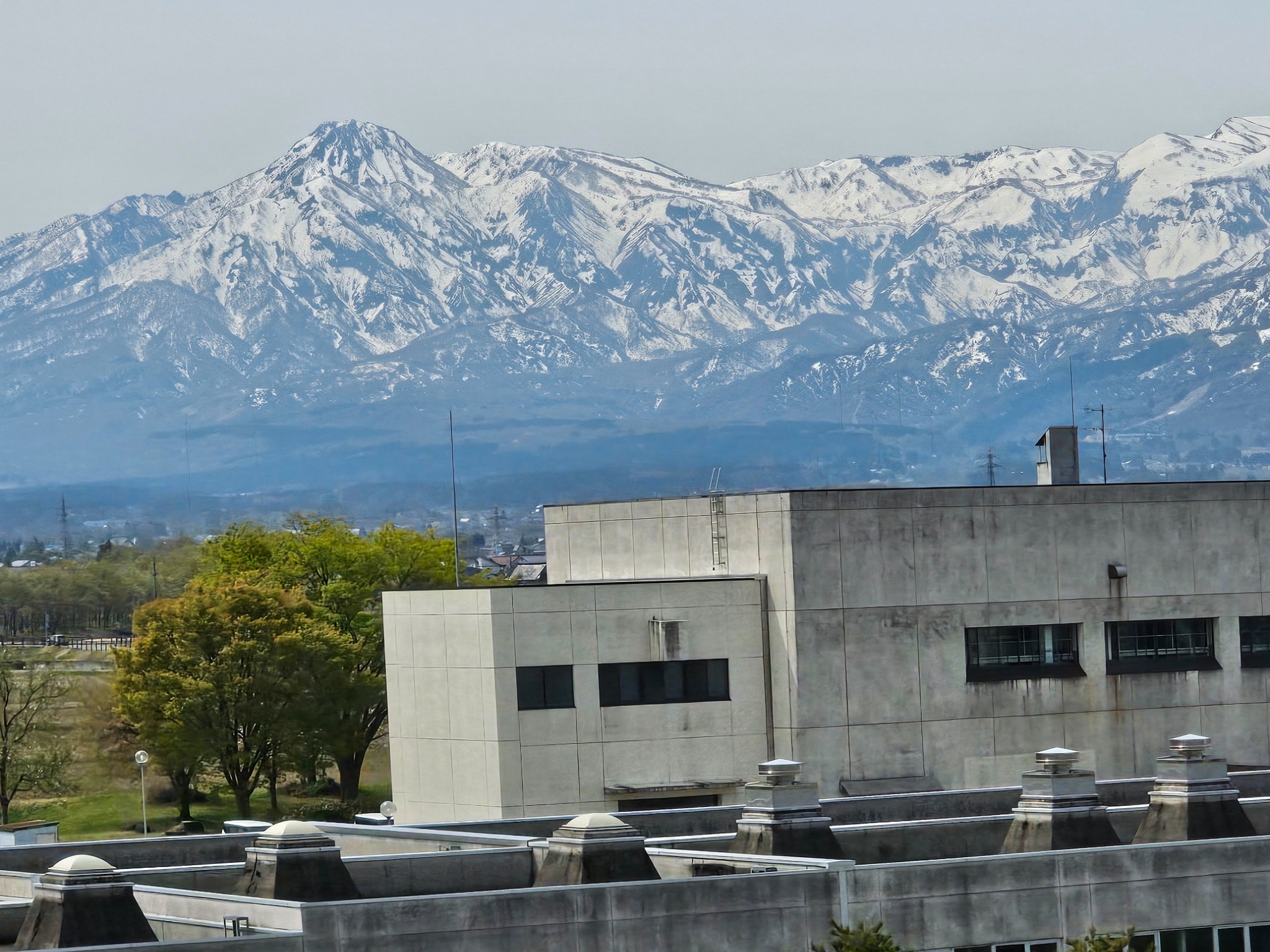 Snow mountains beyond city buildings.