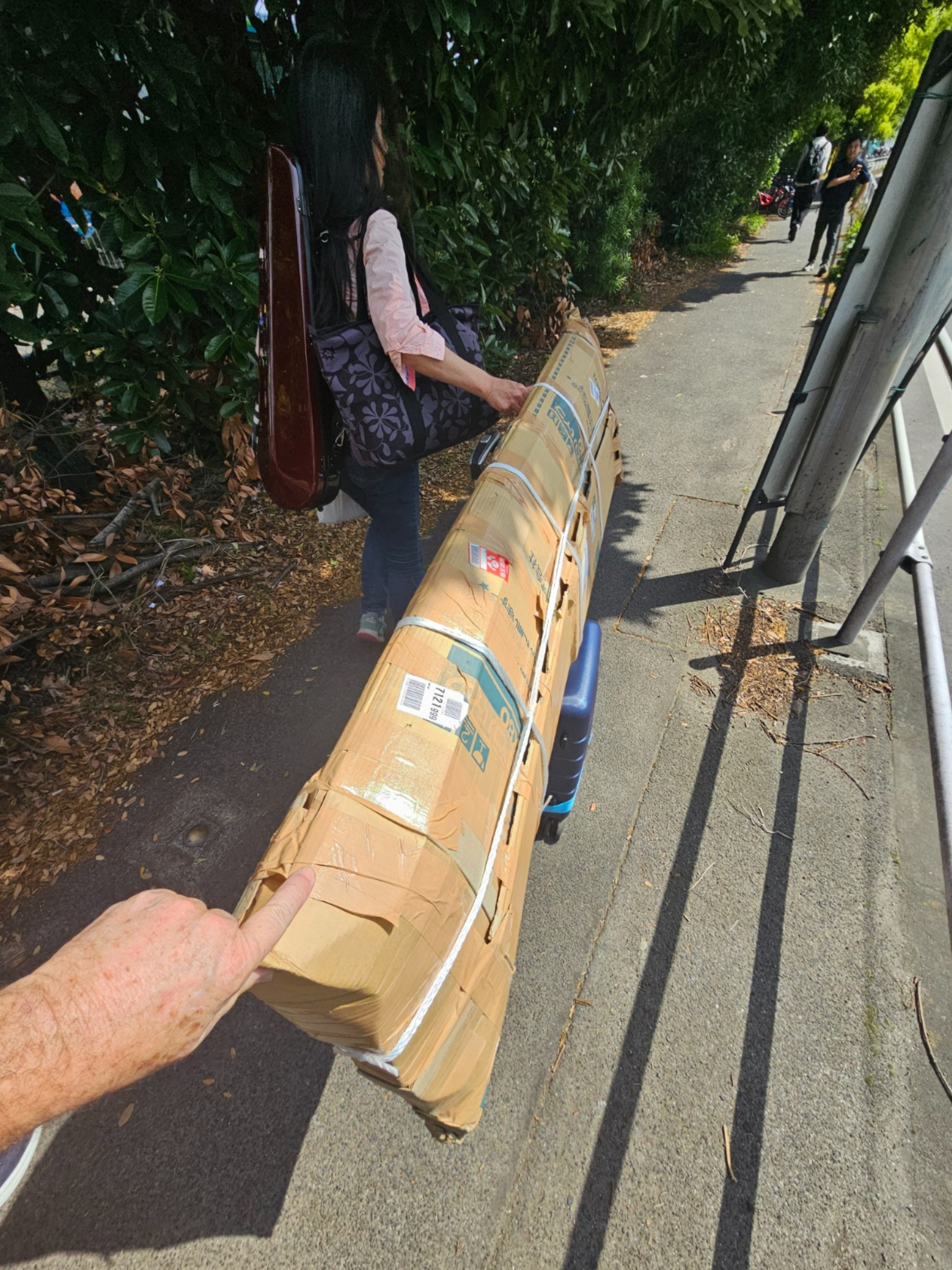 Tomoko carrying the long packed box on the sidewalk.