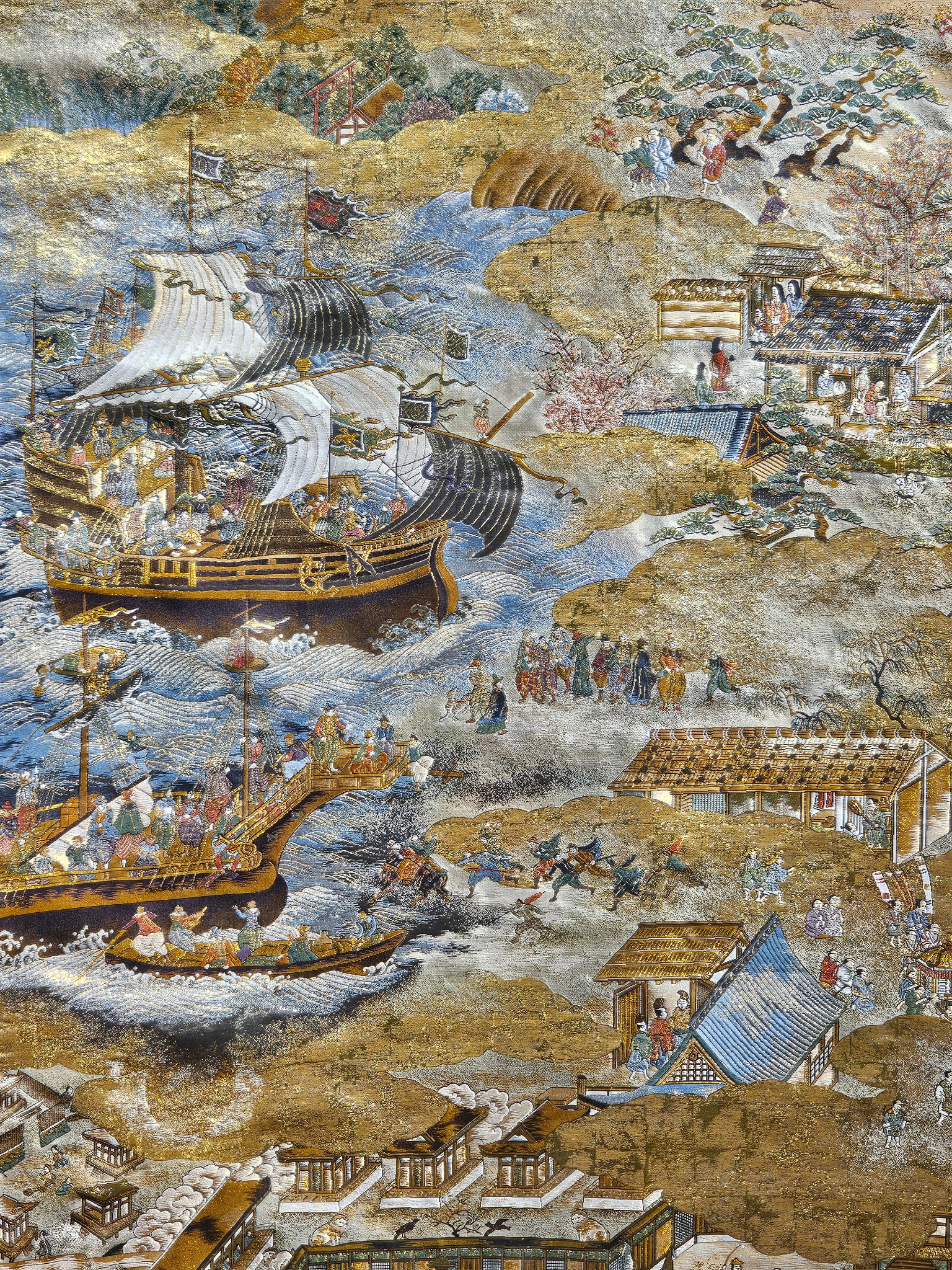 Nanban ship landing detail from a Kyoto gold screen.